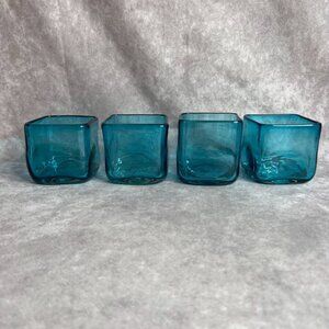 Aqua Blue Blown Glass Square Cube Candle Holders Set Of 4 Made In Mexico READ